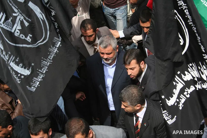 Palestinian Prime Minister Ismail Haniyeh attends a gathering to the relatives of prisoners during a protest calling for the release of Palestinian prisoners from Israeli jails, in the red cross headquarters in Gaza.