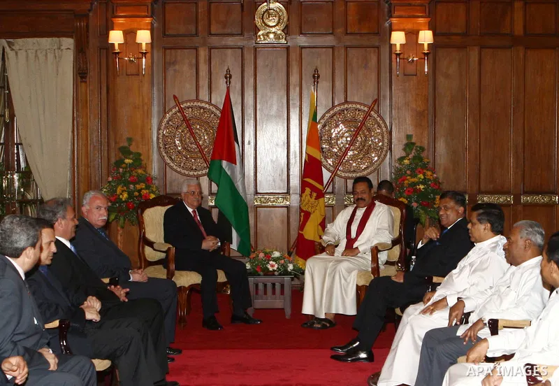 Palestinian President Mahmoud Abbas meets the Sri Lankan President Mhenda Raja Biska in Sri Lanka's capital of Colombo.