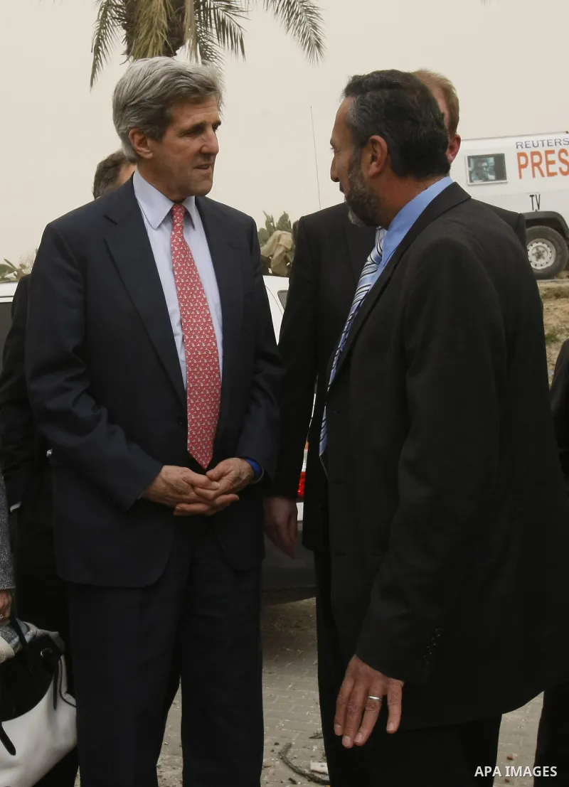 US Senator John Kerry visits on February 19, 2009 the destroyed American International School in Beit Lahia in the northern Gaza Strip, that was bombed during Israel's 22-day offensive on the Palestinain enclave. Kerry m...