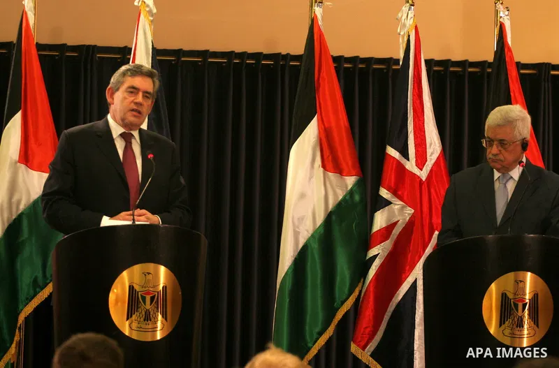 Britain's Prime Minister Gordon Brown and Palestinian President Mahmoud Abbas attend a joint news conference at the presidential palace in the West Bank City of Bethlehem.