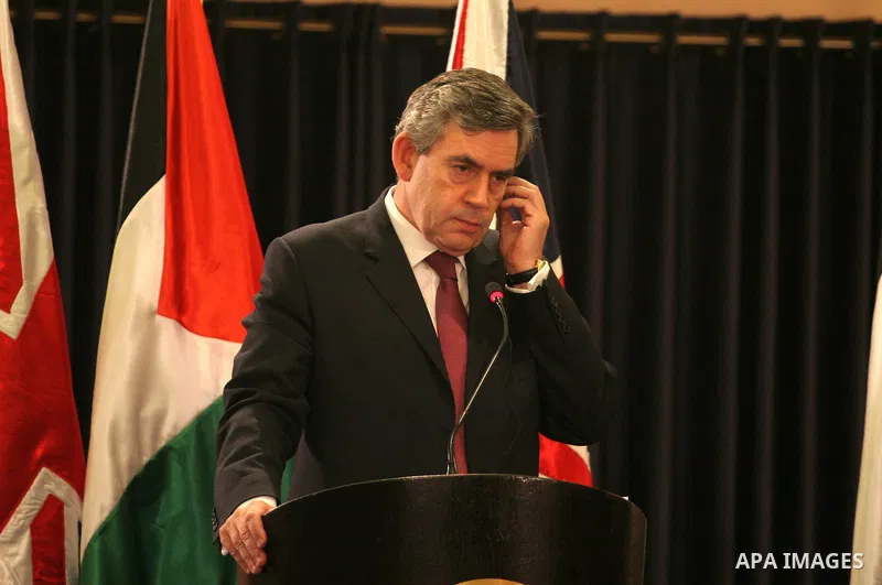 Britain's Prime Minister Gordon Brown and Palestinian President Mahmoud Abbas attend a joint news conference at the presidential palace in the West Bank City of Bethlehem.