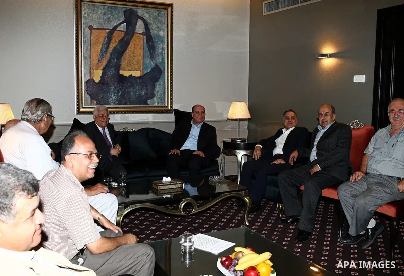 Palestinian President Mahmoud Abbas meets the chairman of the Political Bureau of the Popular Front movement, in The Syrian Capital of Damascus.