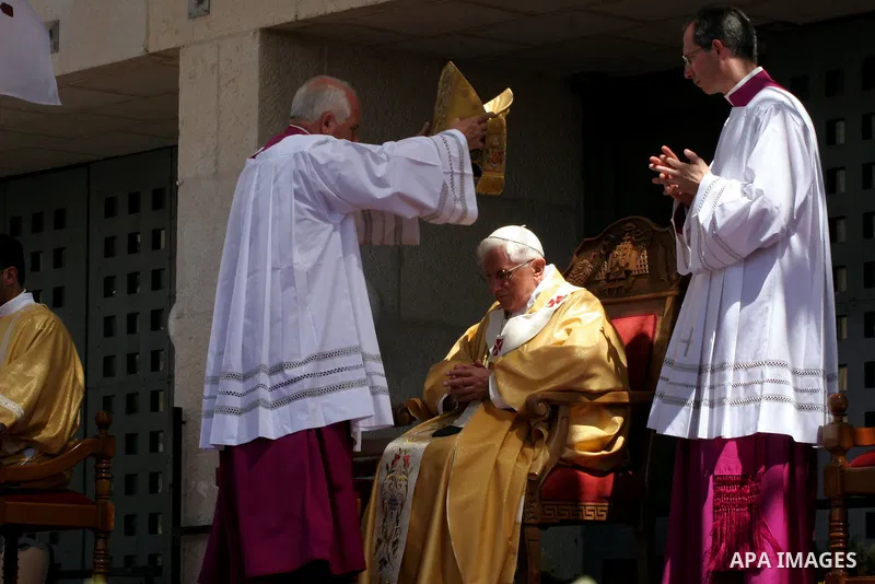 Pope Benedict XVI celebrates a Holy Mass in Manger Square May 13, 2009 in Bethlehem, West Bank. During his visit marred by controversy over his wartime past as a member of the Nazi's Hitler Youth, the Pontiff called for...