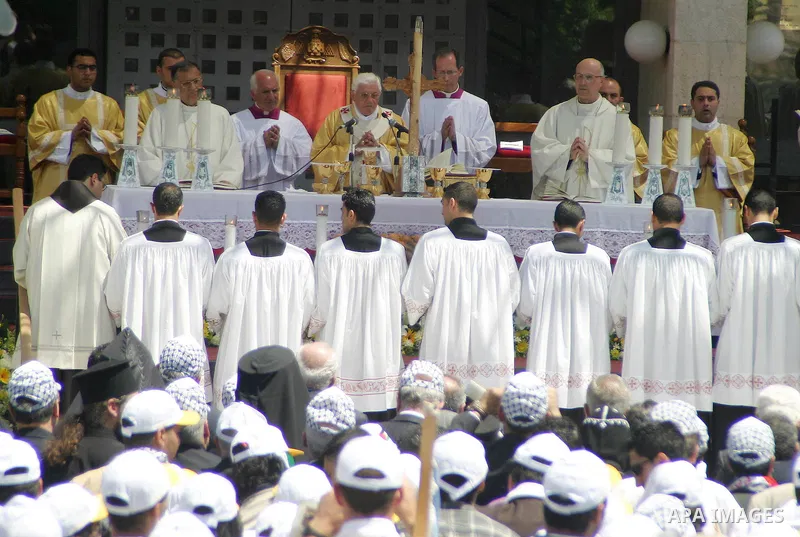 Pope Benedict XVI celebrates a Holy Mass in Manger Square May 13, 2009 in Bethlehem, West Bank. During his visit marred by controversy over his wartime past as a member of the Nazi's Hitler Youth, the Pontiff called for...