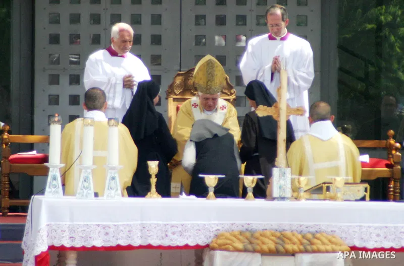 Pope Benedict XVI celebrates a Holy Mass in Manger Square May 13, 2009 in Bethlehem, West Bank. During his visit marred by controversy over his wartime past as a member of the Nazi's Hitler Youth, the Pontiff called for...