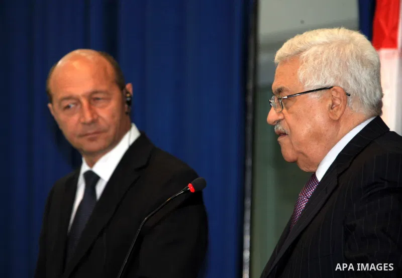 Palestinian President Mahmoud Abbas speaks during a joint press conference with the Romanian President Traian Basescu in the West Bank City of Ramallah on July 12, 2009. Photo by Thaer Ganaim