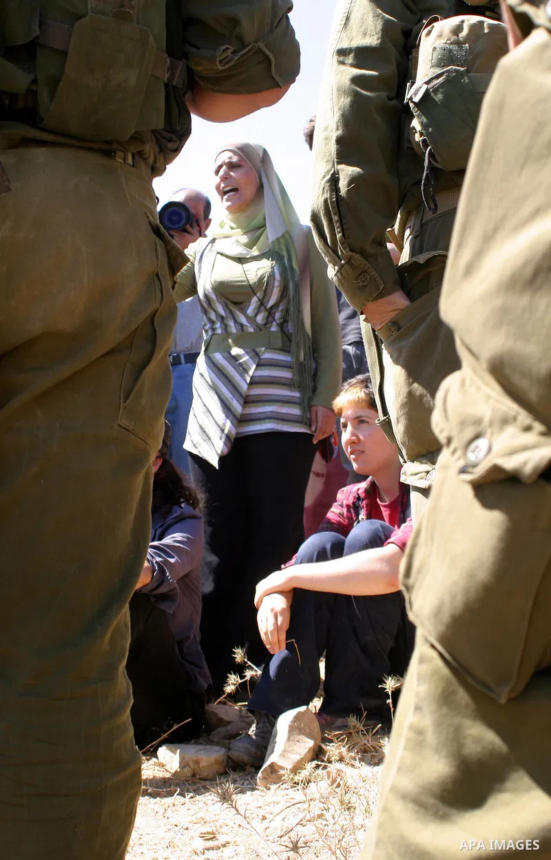 Palestinian, Israeli and international activists scuffles with Israeli soldiers in the West Bank village of Safa near Hebron on July 18, 2009. Photo by Najeh Hashlamoun