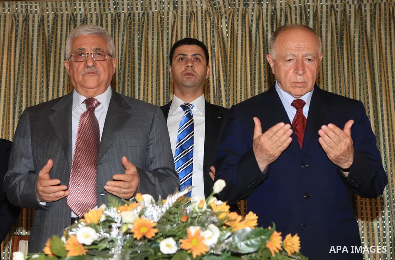 Palestinian President Mahmoud Abbas and Dagestan President Mukhu Aliyav attend the commemoration ceremony of Esraa and Miaaraj in the West Bank city of Bethlehem on July 20, 2009. Photo by Thaer Ganaim
