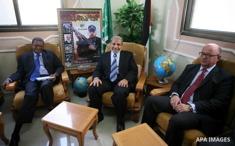 Hamas leader, Mahmoud Al-Zahar as he discusses with the South African and British diplomats the release of British journalist Paul Martin in Gaza City on 11 March 2010. Martin was arrested on 14 February when he voluntar...