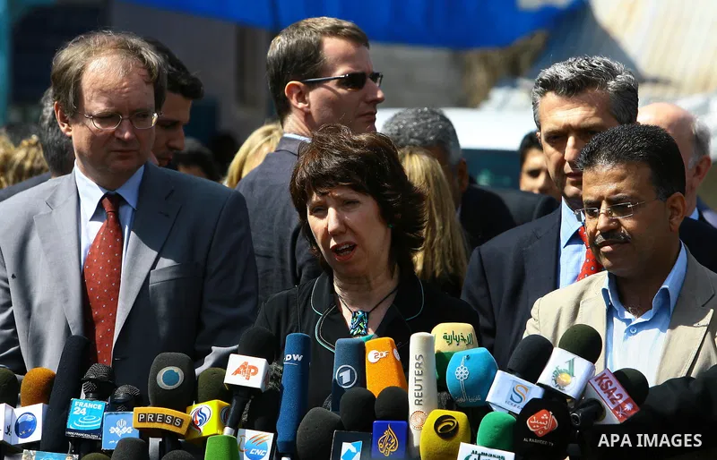 EU Foreign Policy Chief Catherine Ashton speaks to reporters during her visit to the United Nations distribution center at the Jabalia refugee camp in northern Gaza City on March 18, 2010. Ashton condemned "any kind of v...