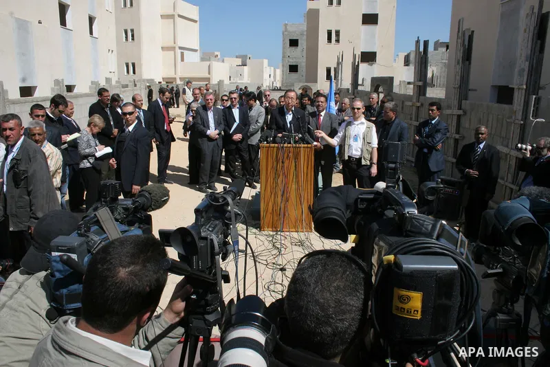 UN Secretary General Ban Ki-moon a talks to the media a in the town of Khan Younis in southern Gaza Strip on March 21, 2010. Ban crossed into Gaza in the morning, expressing solidarity with the plight of the Palestinians...