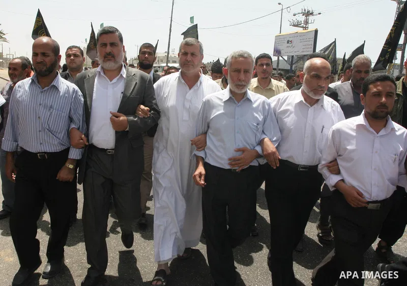 Palestinian Jihad Islamic leaders take part in a rally marking the anniversary of the "Nakba", Arabic for catastrophe, in Deir Al Balah refugee camp, central Gaza Strip, Friday, May 14, 2010. The 62nd anniversary for the...