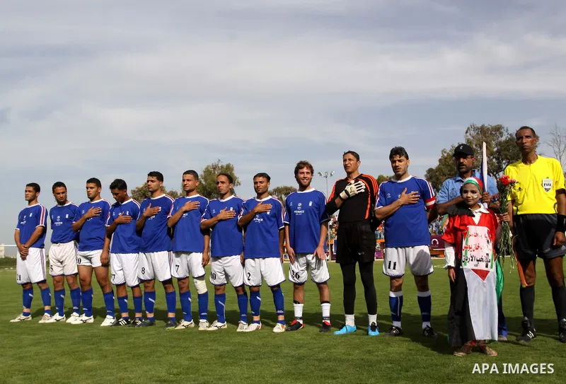 Palestinian players of France take a picture before a soccer match with Jordan during the final match of Gaza's version of the World Cup in Gaza City on May 15,2010. The Gaza Strip kicked off its own version of the World...