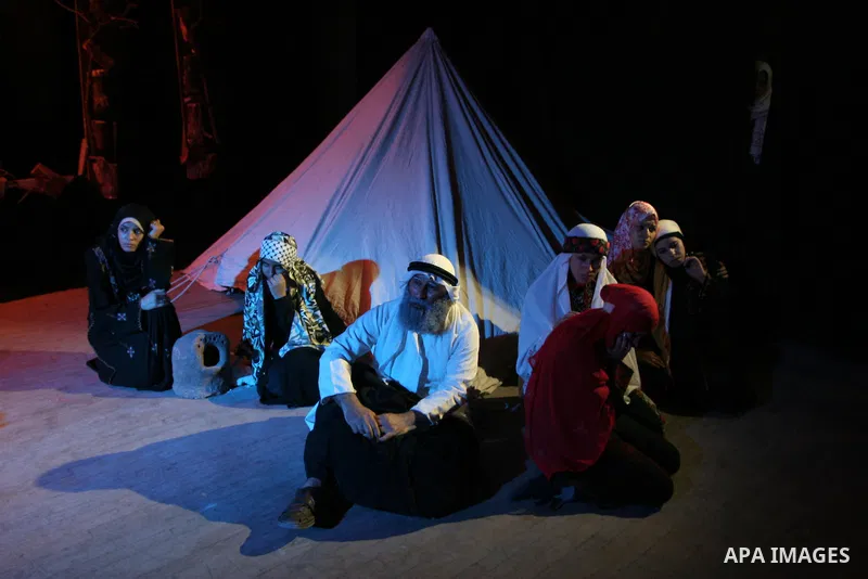 Palestinian actors perform at the Shawwa Theatre in the Nakba Day, in Gaza City on May 17, 2010. Nakba Day marks the anniversary of the "catastrophe" Palestinians say unfolded with the May 1948 creation of the state of I...