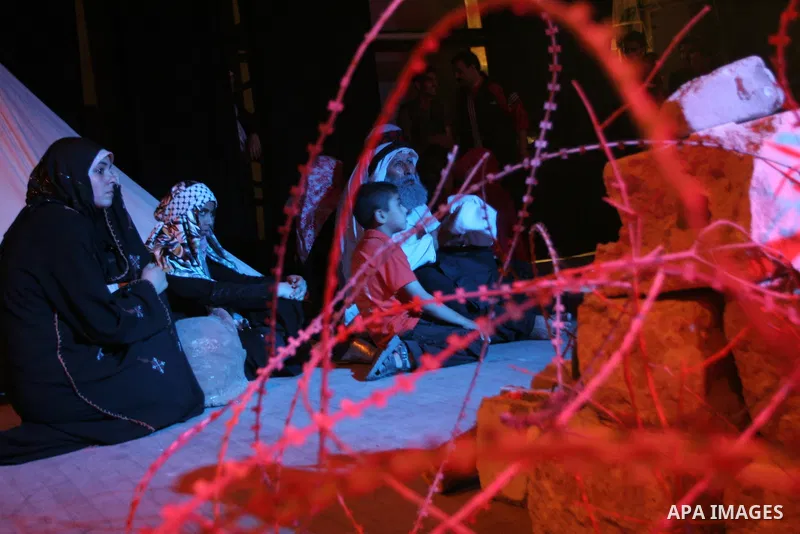 Palestinian actors perform at the Shawwa Theatre in the Nakba Day, in Gaza City on May 17, 2010. Nakba Day marks the anniversary of the "catastrophe" Palestinians say unfolded with the May 1948 creation of the state of I...