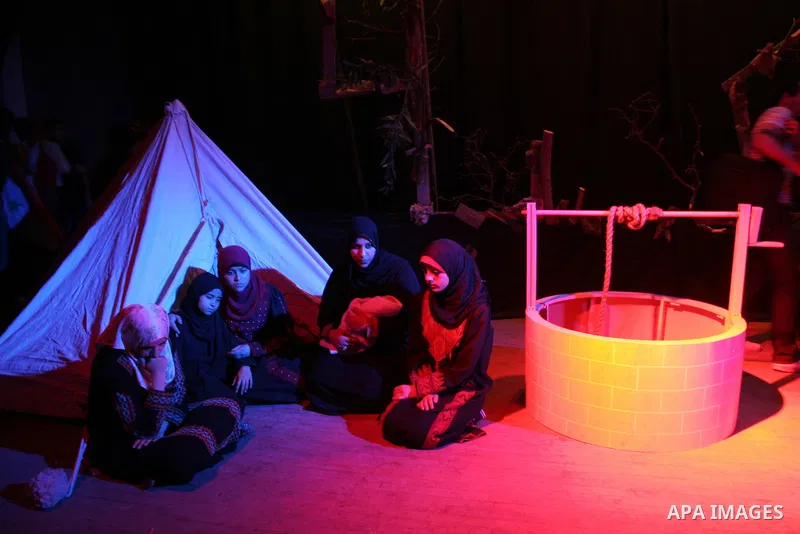 Palestinian actors perform at the Shawwa Theatre in the Nakba Day, in Gaza City on May 17, 2010. Nakba Day marks the anniversary of the "catastrophe" Palestinians say unfolded with the May 1948 creation of the state of I...
