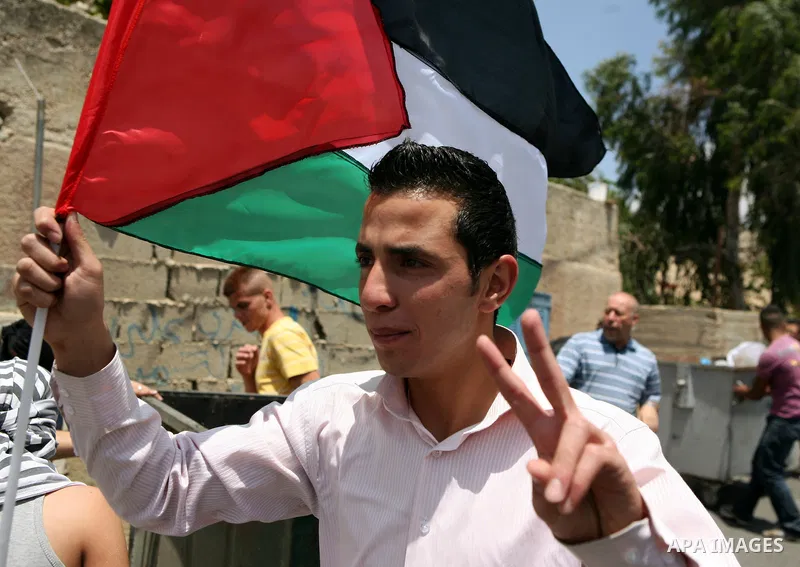 A Palestinian youth waves his national flag during clashes in the West Bank village of Nabi Saleh, on 28 May 2010. Palestinians protest weekly against the neighbouring Jewish settlement of Halamish. photo by Eyad Jadalla...