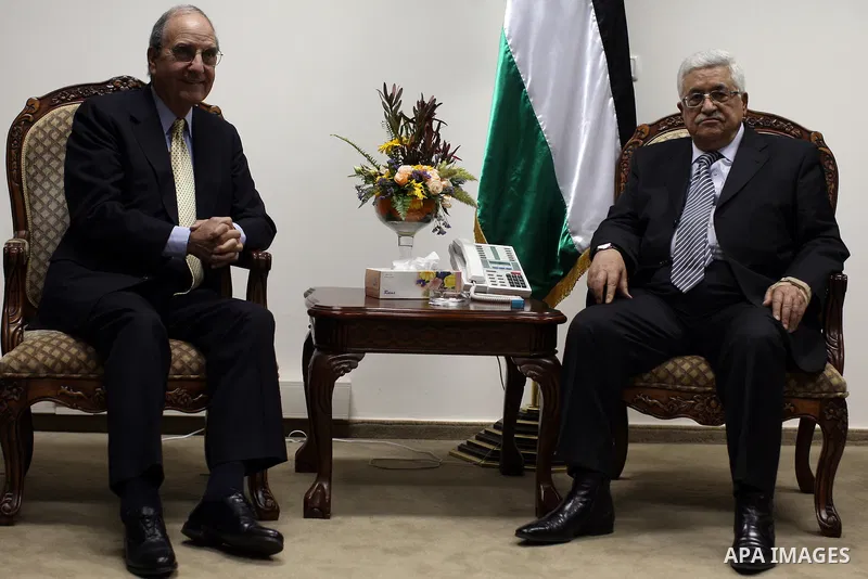 US Middle East envoy George Mitchell as he meets in the West Bank town of Ramallah with Palestinian President Mahmoud Abbas on June 2,2010. The meeting comes days after Israeli naval soldiers stopped 31 May an internatio...