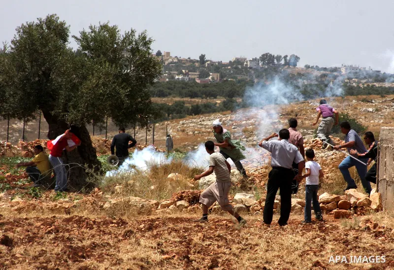 Palestinian, Israeli and foreign activists run from tear gas fired by Israeli soldiers during a protest against Israel's separation barrier outside the West Bank village of Bilin, near Ramallah, Friday on June 4, 2010. P...