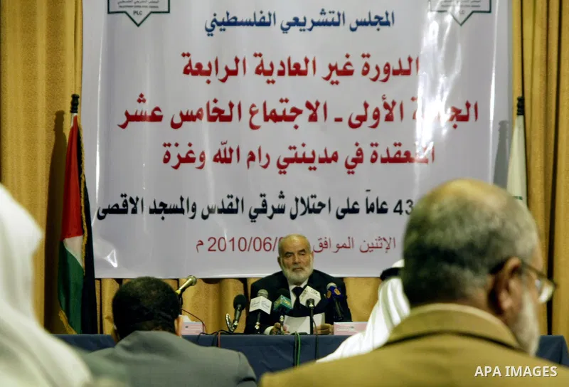 Palestinian parliament members participate in a meeting at the Palestinian Legislative council headquarters in Gaza City on June 7,2010. Photo by Ali Jadallah
