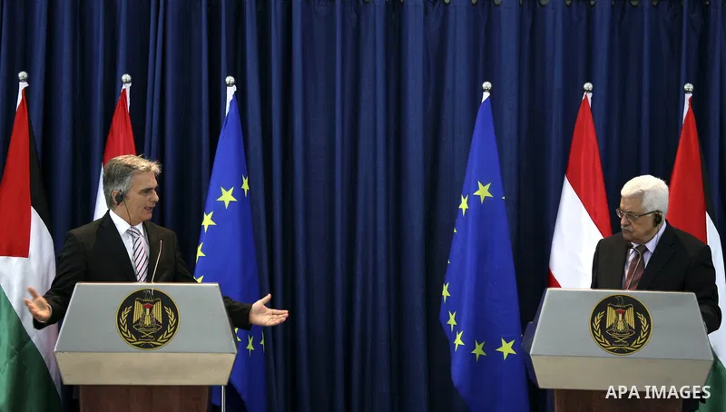 Palestinian President Mahmoud Abbas and Austrian Chancellor Werner Faymann hold a joint news conference in the West Bank city of Ramallah on June 24, 2010. Photo by Eyad Jadallah