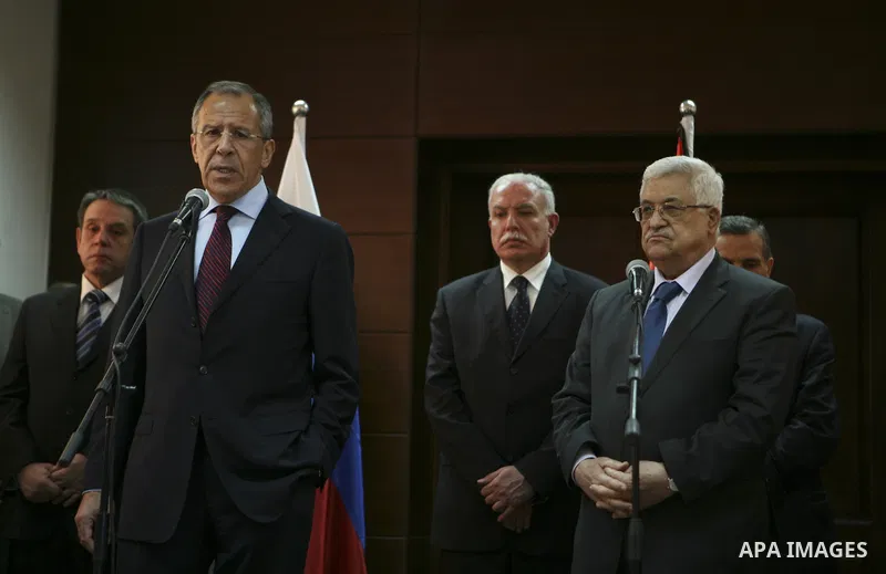 Palestinian President Mahmoud Abbas and the Russian Foreign Minister, Sergei Lavrov give a joint press conference at the Palestinian President headquarters in the West Bank city of Ramallah on June 29, 2010. Photo by Eya...