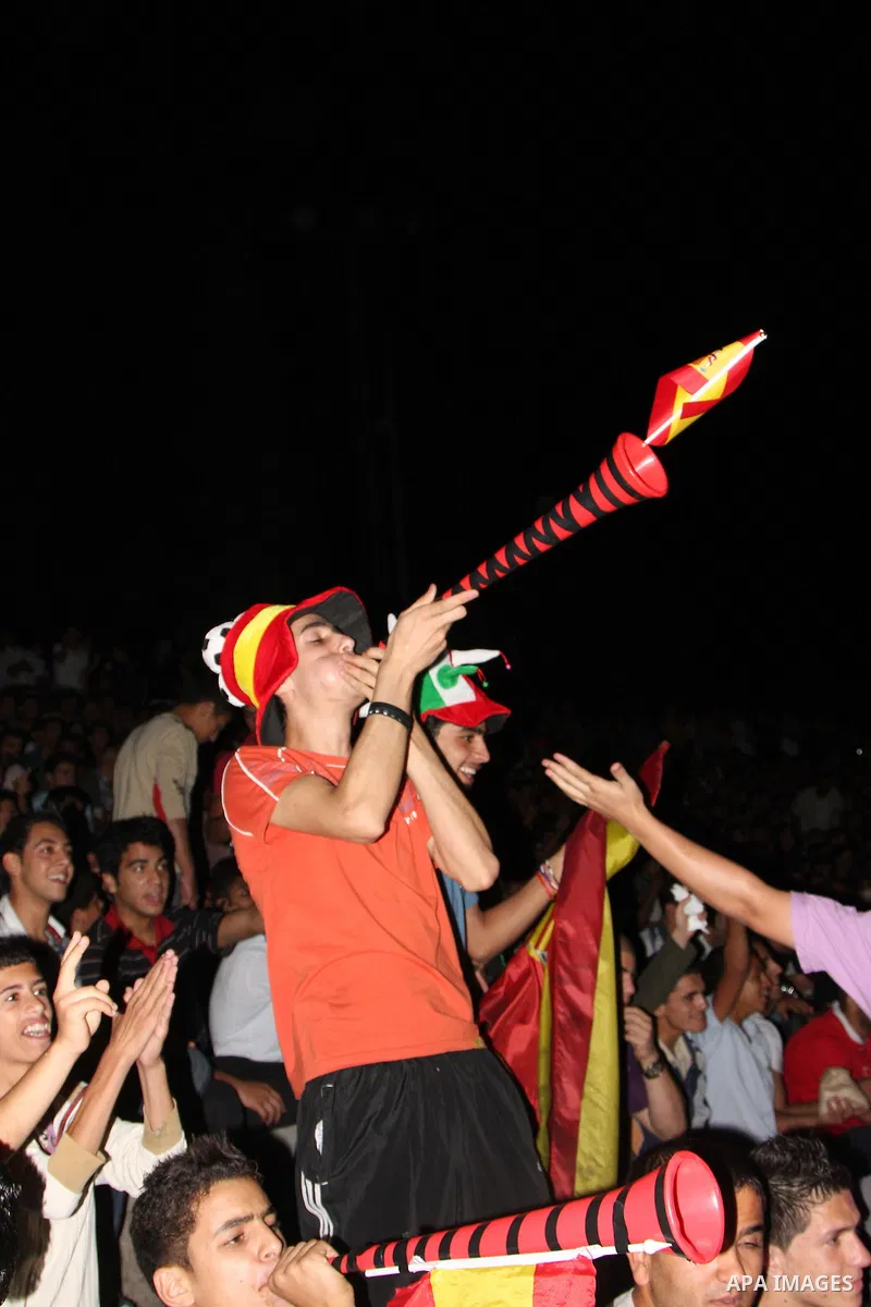 Palestinian fans of Spain celebrates during the semifinal match between Germany and Spain in the West Bank city of Nablus on July 7,2010, the Spanish national soccer team defeated Germany in their South Africa soccer FIF...