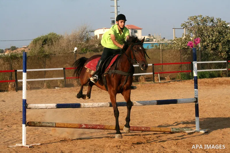 Palestinians ride horses during the "Jump Championship" local race in Gaza City July 15, 2010. Photo by Ashraf Amra