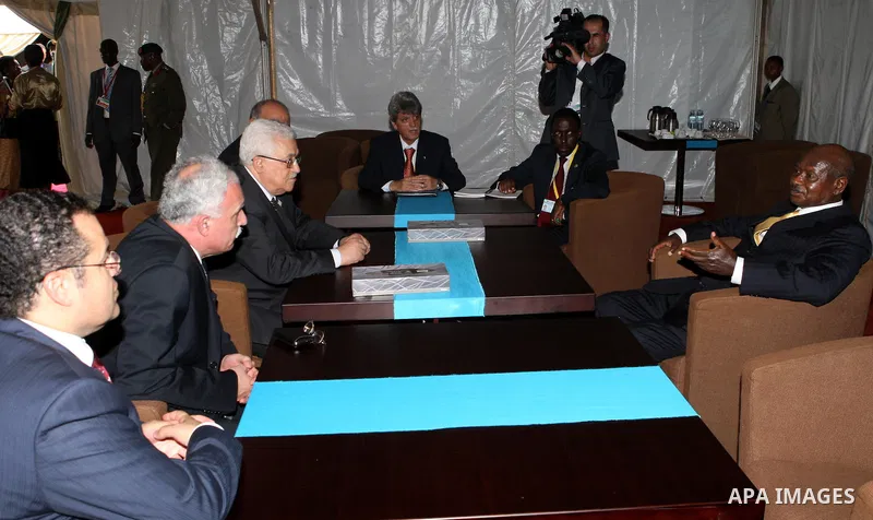Palestinian President Mahmoud Abbas (Abu Mazen) during his meeting with Ugandan President Yoweri Museveni in Uganda on July 25,2010. Photo by Thaer Ganaim