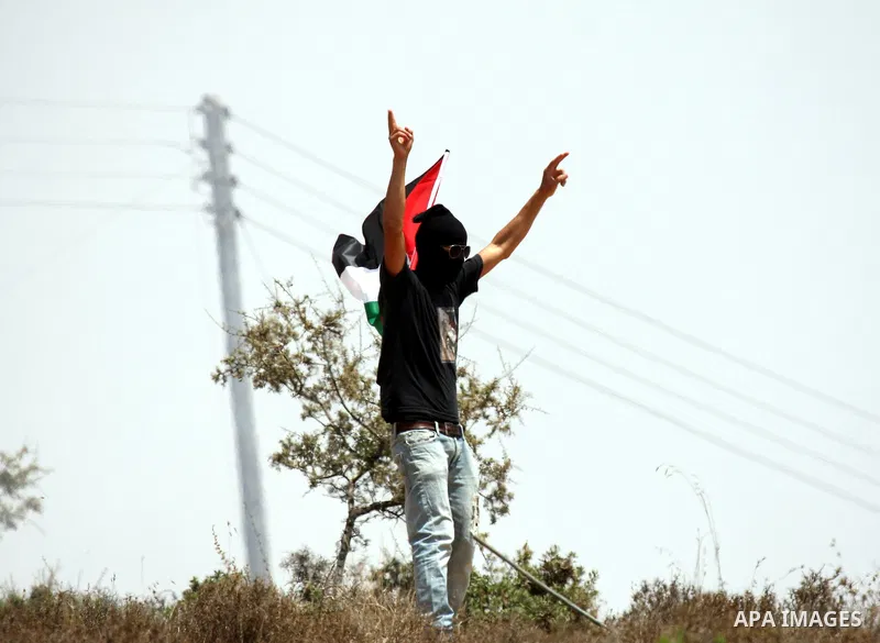 A Palestinian protester throws stones at Israeli troops, during a demonstration by Palestinian, Israeli and international activists against the expansion of the nearby Jewish settlement of Halamish in the West Bank villa...