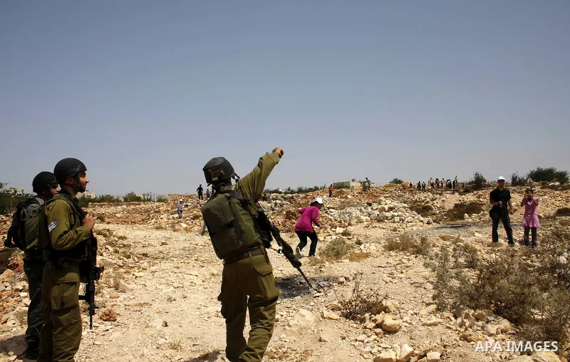Palestinian and foreign protesters run for cover from tear gas canisters fired by Israeli soldiers during a demonstration against Israel's controversial separation barrier in the village of Beit Omar near Jewish settleme...