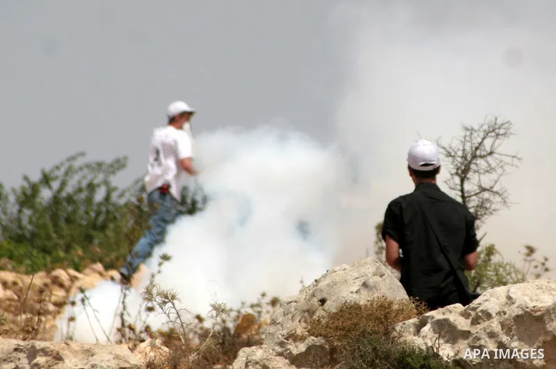 Palestinian and foreign protesters run for cover from tear gas canisters fired by Israeli soldiers during a demonstration against Israel's controversial separation barrier in the village of Beit Omar near Jewish settleme...
