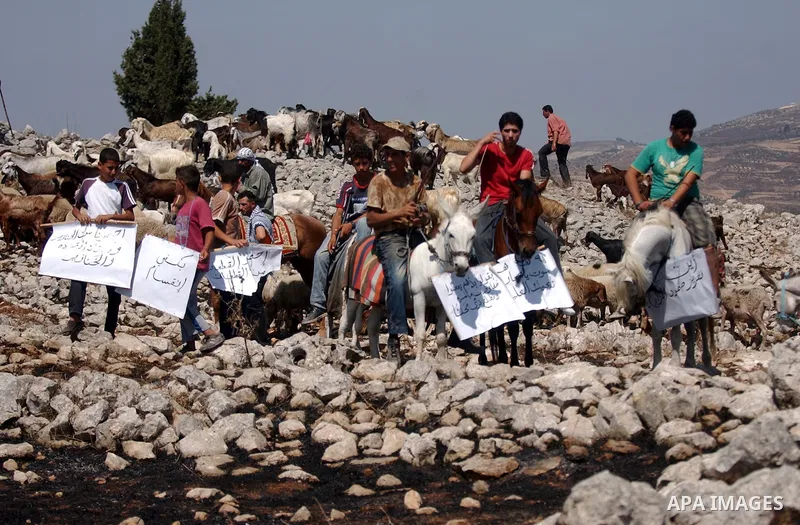 Palestinians ride their donkeys and horses taking part in a protest against the settlers of the nearby Jewish settlement of Itzhar in the village of Burin near the West Bank city of Nablus, Tuesday, Aug. 10, 2010. Burin...