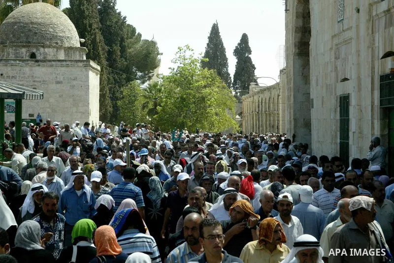 Muslims pray in front of the Dome of the Rock on the compound known to Muslims as al-Haram al-Sharif and to Jews as Temple Mount during the final Friday of the holy month of Ramadan in Jerusalem's Old City September 3, 2...
