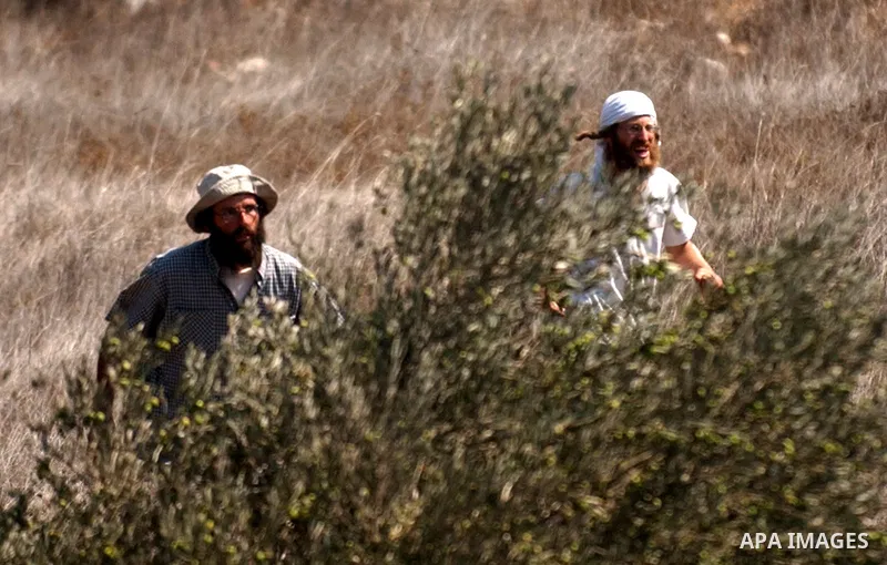 Israeli Jewish settlers from Brakha settlement hurl stones at Palestinians during clashes between residents of the Israeli Bracha settlement and Palestinian farmers from the West Bank Burin village on September 21, 2010....