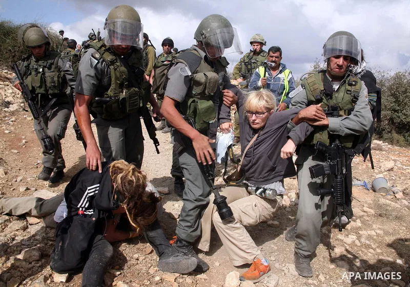 Israeli border policemen detain foreign protesters after she was sprayed with colored pepper spray during a demonstration by Palestinian, Israeli and foreign activists against the demolishing of farm land to be used in t...
