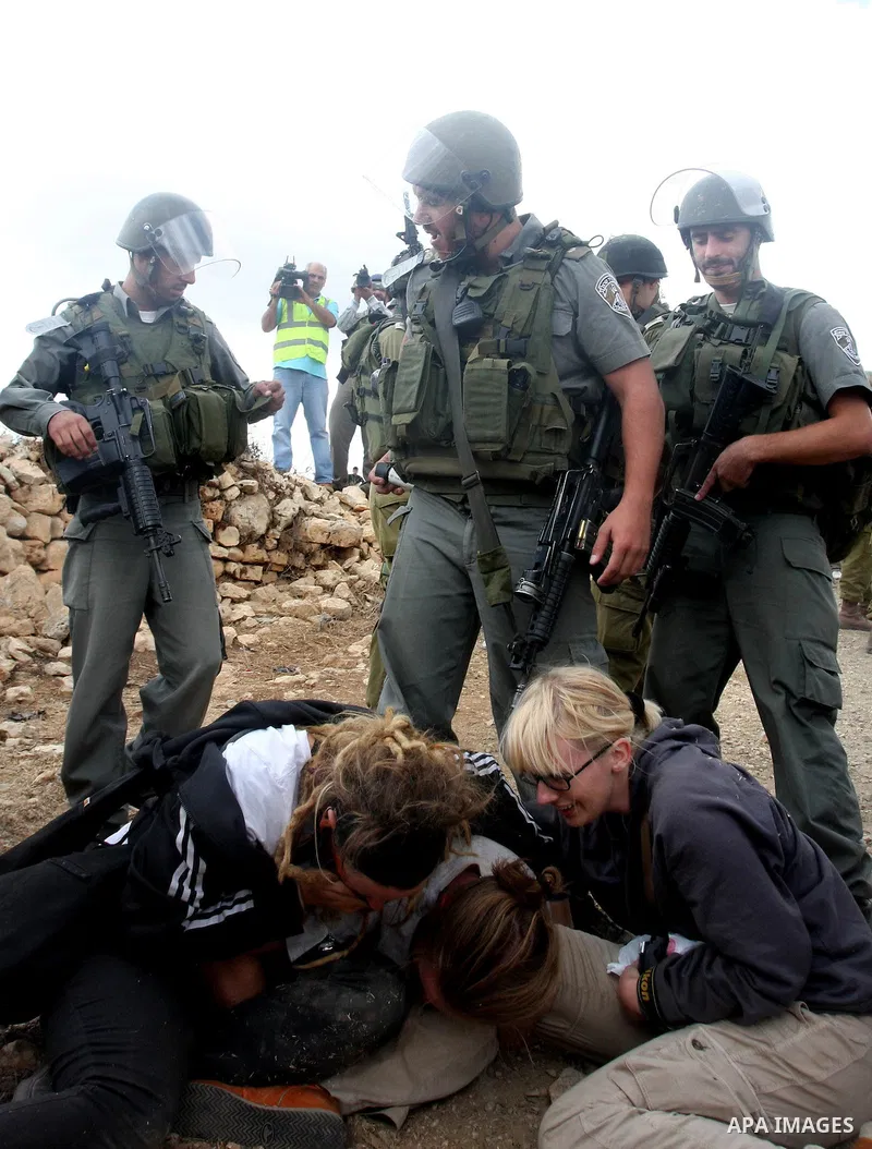 Israeli border policemen detain foreign protesters after she was sprayed with colored pepper spray during a demonstration by Palestinian, Israeli and foreign activists against the demolishing of farm land to be used in t...