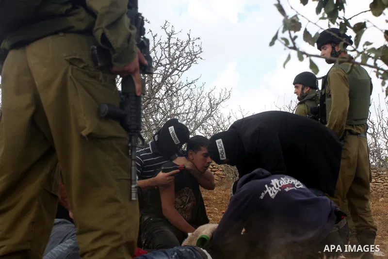Israeli undercover forces arrest Palestinian boys during a demonstration by Palestinian, Israeli and foreign activists against the demolishing of farm land to be used in the construction of Jewish settlements near the ex...