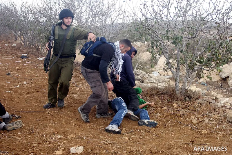 Israeli undercover forces arrest Palestinian boys during a demonstration by Palestinian, Israeli and foreign activists against the demolishing of farm land to be used in the construction of Jewish settlements near the ex...