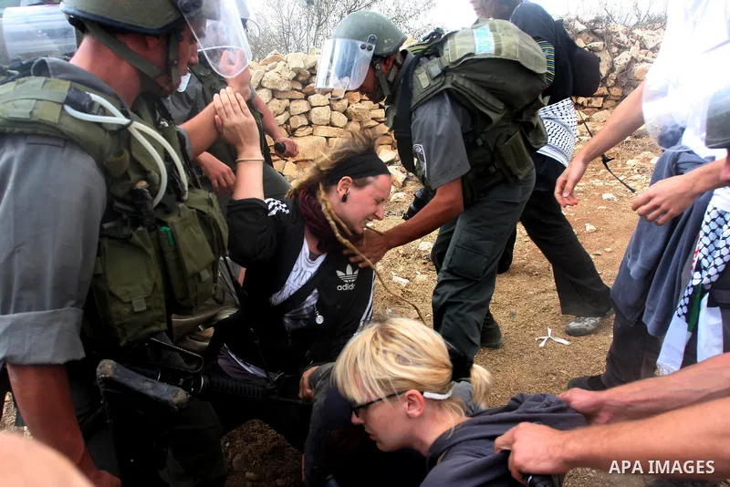 Israeli border policemen detain foreign protesters after she was sprayed with colored pepper spray during a demonstration by Palestinian, Israeli and foreign activists against the demolishing of farm land to be used in t...