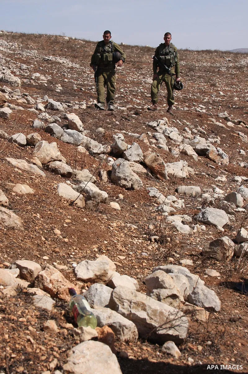 Israeli soldiers are seen at Palestinian agricultural fields during olive harvest in the West Bank village of Hawara, near Nablus on Oct. 10, 2010. Jewish settlers attacked Palestinian farmers during pick olives in their...