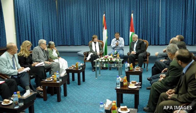 Palestinian Prime Minister in Gaza Strip , Ismail Haniya meets with delegates of The Elders group of retired prominent world figures, former Irish president Mary Robinson , Indian activist Ela Bhatt and former UN envoy L...