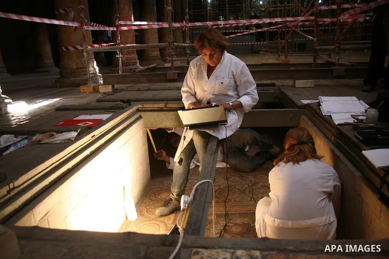 A team of specialists work on the renovation of the Church of the Nativity, in the West Bank city of Bethlehem, 25 October 2010. An agreement has been signed by the Palestinian Authority and Christian leaders to repair t...