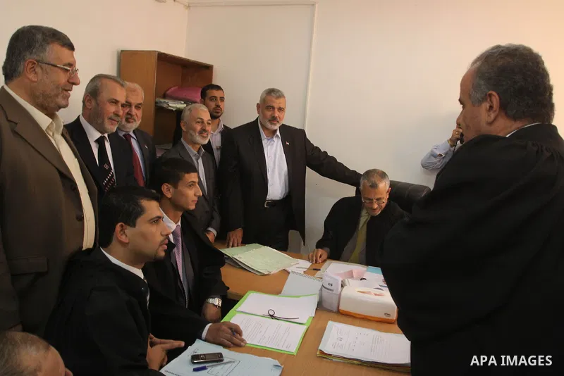 Palestinian Prime Minister in Gaza Strip , Ismail Haniyeh during a visit to courts complex , in Gaza City on Oct. 31,2010 . Photo by Mohammed Asad