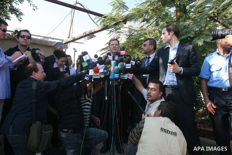 German Foreign Minister Guido westerwelle delivers a speech during a press conference while his visiting to the water treatment project funded by the German government in Gaza city, Monday, Nov. 8, 2010. Visting German F...