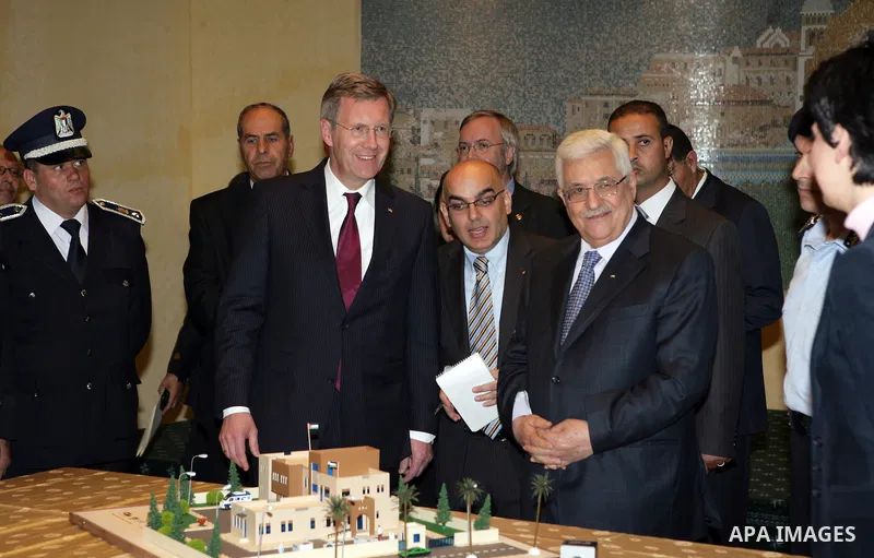 Palestinian President Mahmoud Abbas (Abu Mazen) and the German President Christian Wulff during a review model of the buildings to the police in the West Bank city of Bethlehem on Nov. 30,2010. Photo by Thaer Ganaim
