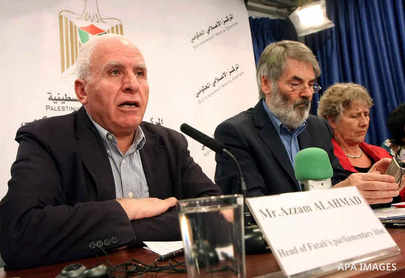 The head of the Fatah movement in the Legislative Council, Azzam al-Ahmad and the head of European Parliament delegation, Bronces Derosa attend a press conference in the West Bank city of Ramallah on November 30, 2010. T...
