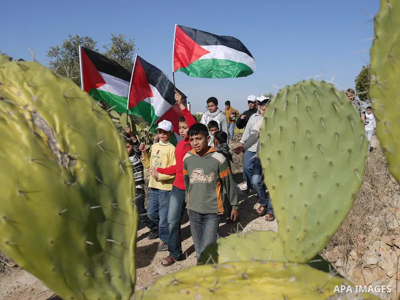 Palestinian children wave the Palestinian flag during a weekly protest against Israel's separation barrier in the West Bank village of Nilin near Ramallah, Friday, Dec. 17, 2010. Israel says the barrier is necessary for...