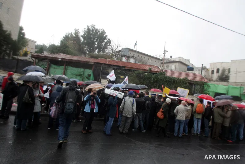 Palestinians, Israelis and foreign activists hold signs during a protest to show solidarity with Palestinian families against a Jewish settlement in the Sheikh Jarrah neighbourhood in East Jerusalem on Dec. 31, 2010. Pho...