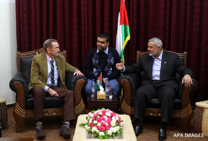 Palestinian Prime Minister in Gaza Strip, Ismail Haneya meets with former US Attorney General Ramsey Clark at Haneya's governmental headquarters in Gaza City on Jan. 5, 2011. An unofficial American delegation headed by f...